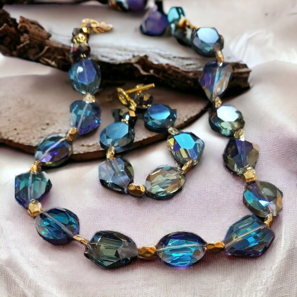 Cobalt Blue Statement Necklace & Bracelet Iridescent Faceted Glass Bead Jewelry - Picture 4 of 9